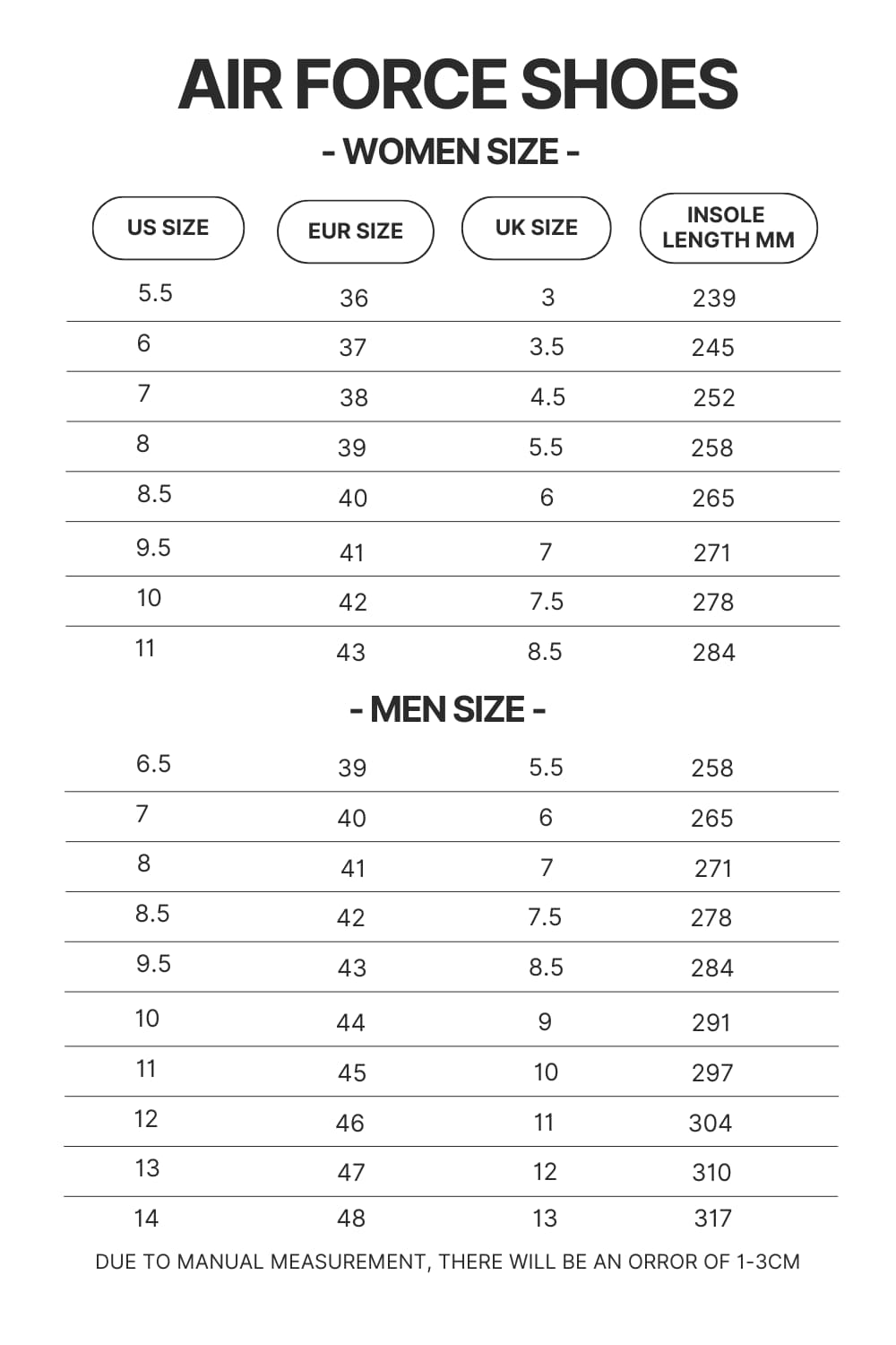 Air Force Shoes Size Chart - Dragon Ball Z Shoes