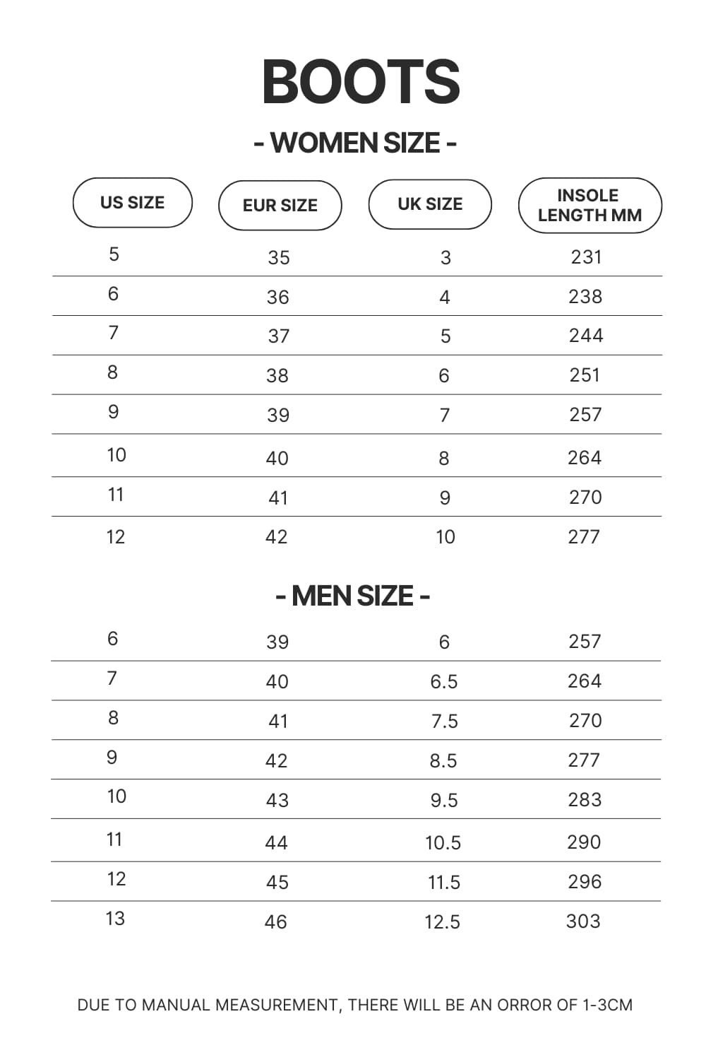 Boots Size Chart - Dragon Ball Z Shoes