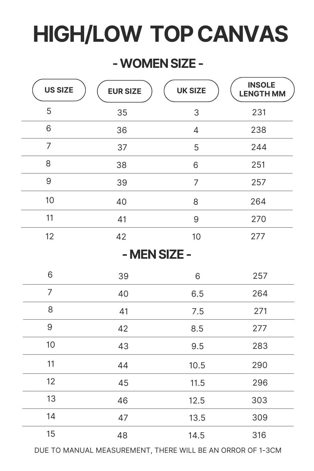 High Top Low Top Canvas Shoes Size Chart - Dragon Ball Z Shoes