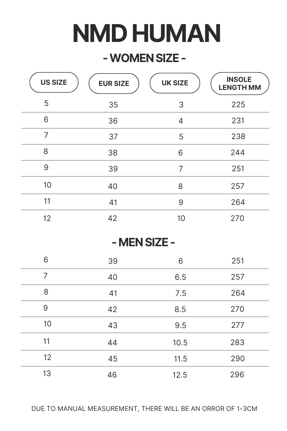 NMD Human Shoes Size Chart - Dragon Ball Z Shoes