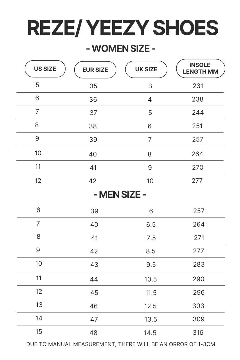 Reze Yeezy Shoes Size Chart - Dragon Ball Z Shoes