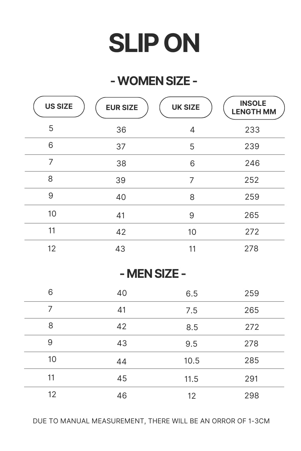 Slip On Size Chart - Dragon Ball Z Shoes