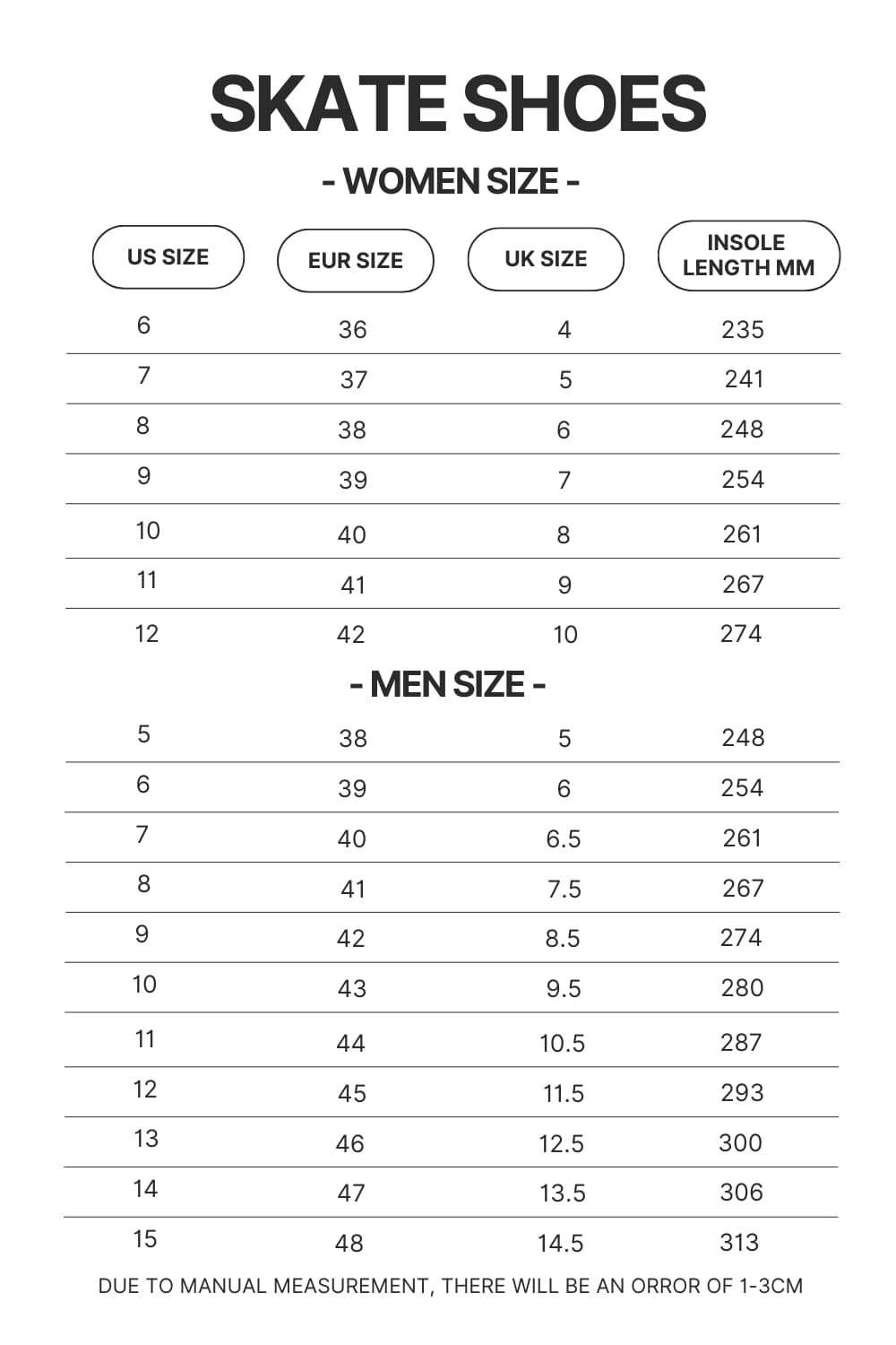 Skate Shoes Size Chart - Dragon Ball Z Shoes