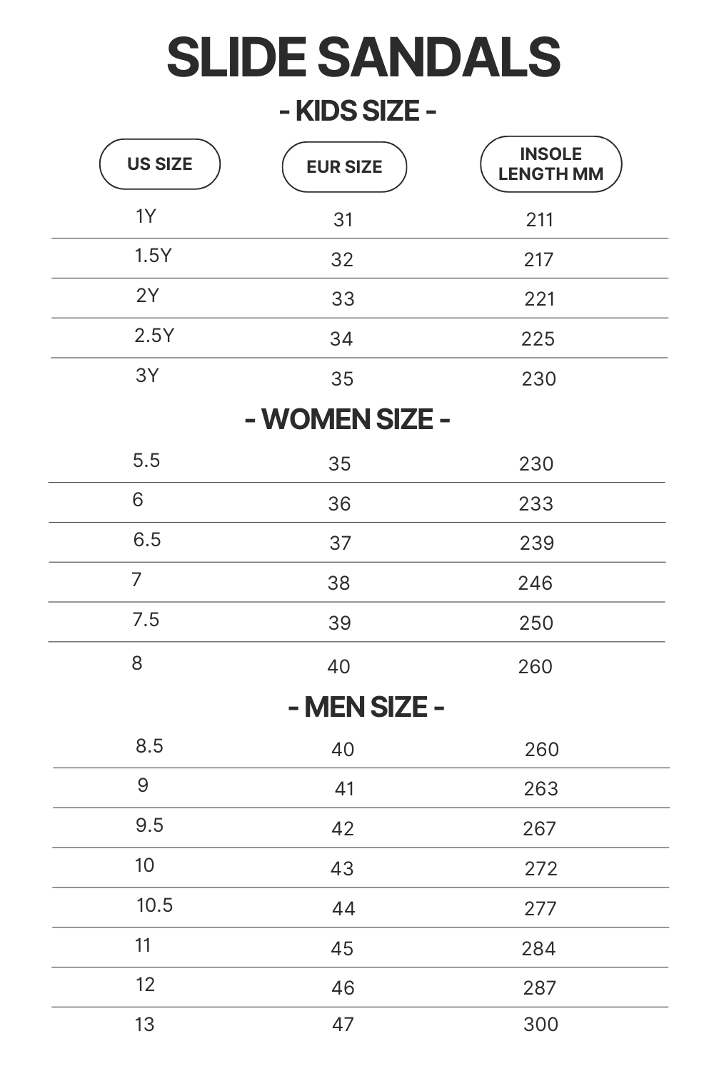 Product Size chart